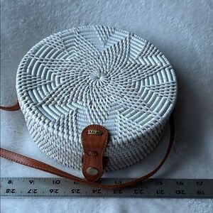 White hand Woven 8” rattan bohemian Round Bag with Tan Strap